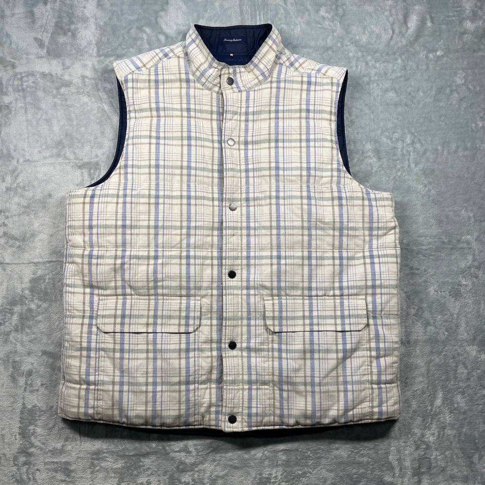 Tommy Bahama Reversible Quilted Vest Mens Plaid Navy Puffer Sleeveless Jacket XL